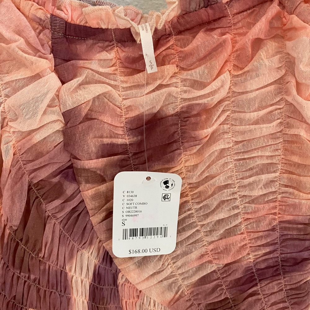 Free People Mesh Midi Dress Soft Pink Purple Watercolor Smocked Feminine Fairy - Picture 8 of 14